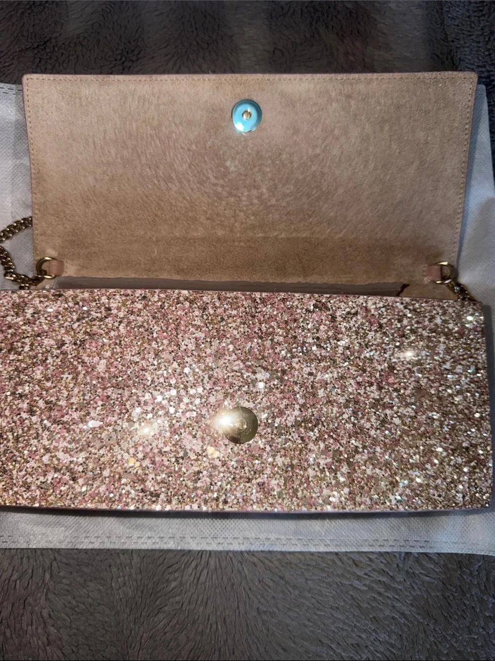 Preloved Jimmy Choo Pink Glitter Chain Clutch with Gold-Tone Hardware never worn